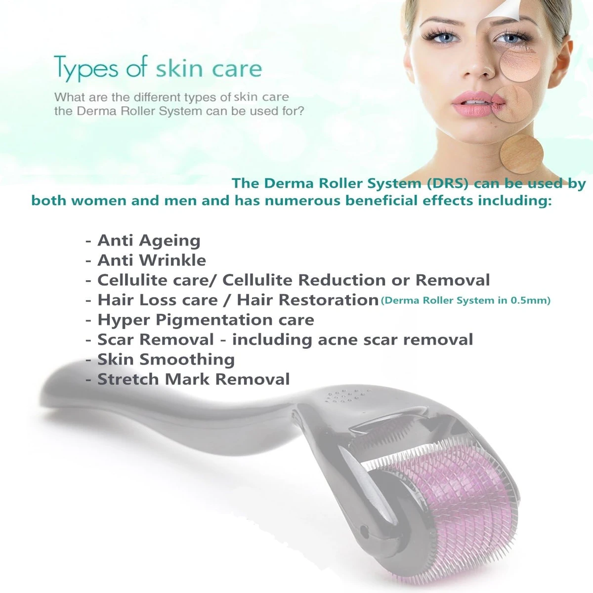 Derma Roller 1mm Cosmetic Needling Instrument For Face Titanium 540 Micro Needles Beauty Massage Tool Home Use Hair Loss Care Stretch Marks Acne Scars and Wrinkles Anti Aging Roller