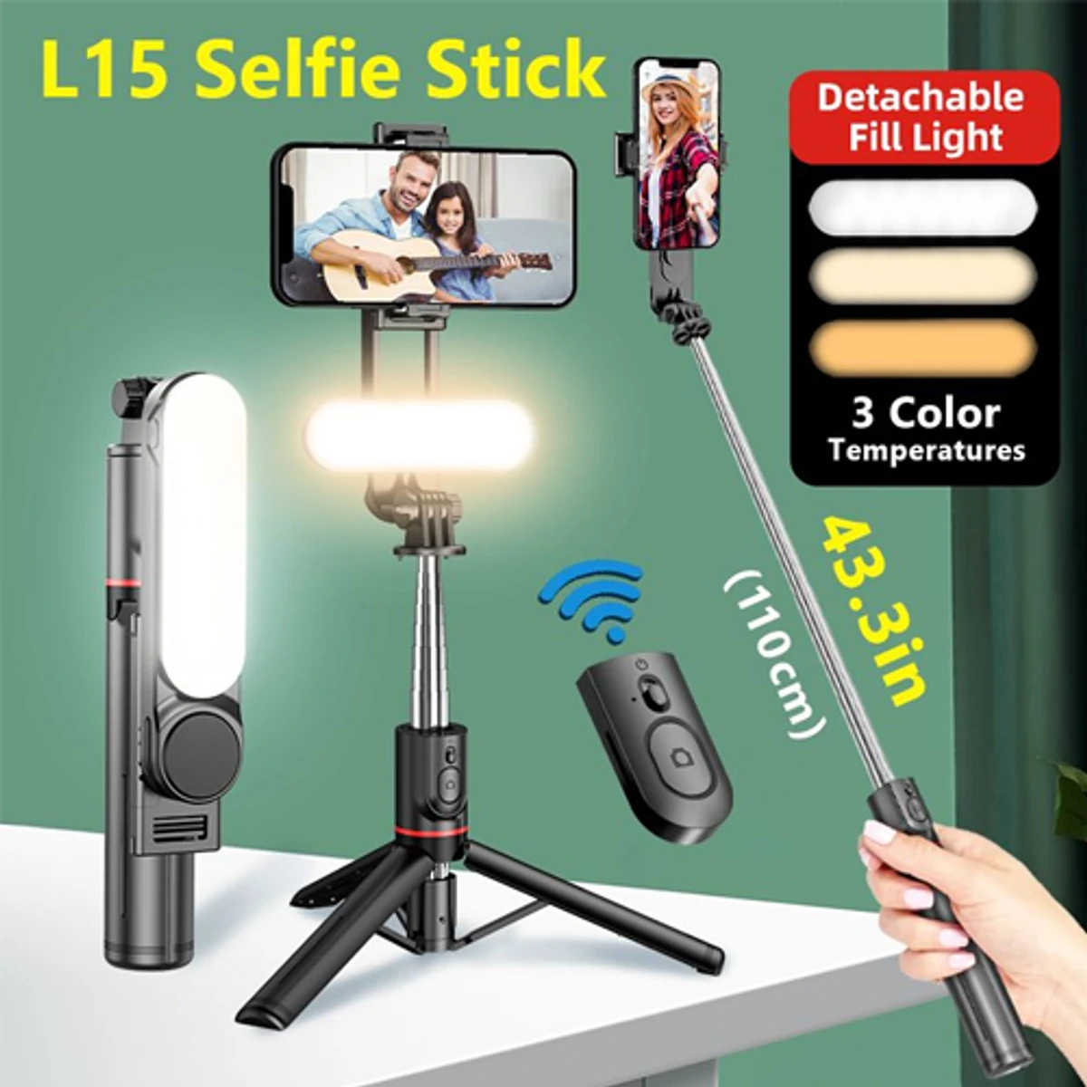 L15 Selfie Stick Tripod With Detachable LED Light