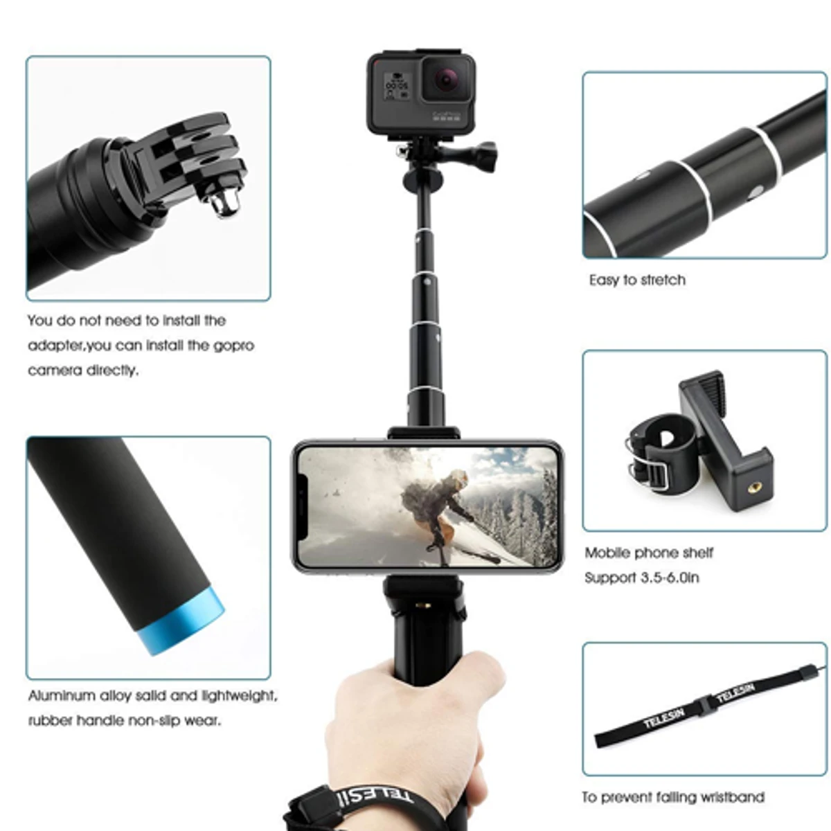 Telesin GP-MNP-090-S Extendable Aluminum Alloy Selfie Stick With Tripod And Phone Clip