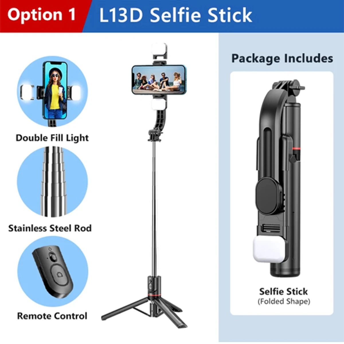 New L13D Bluetooth Selfie Stick With Double Fill Light