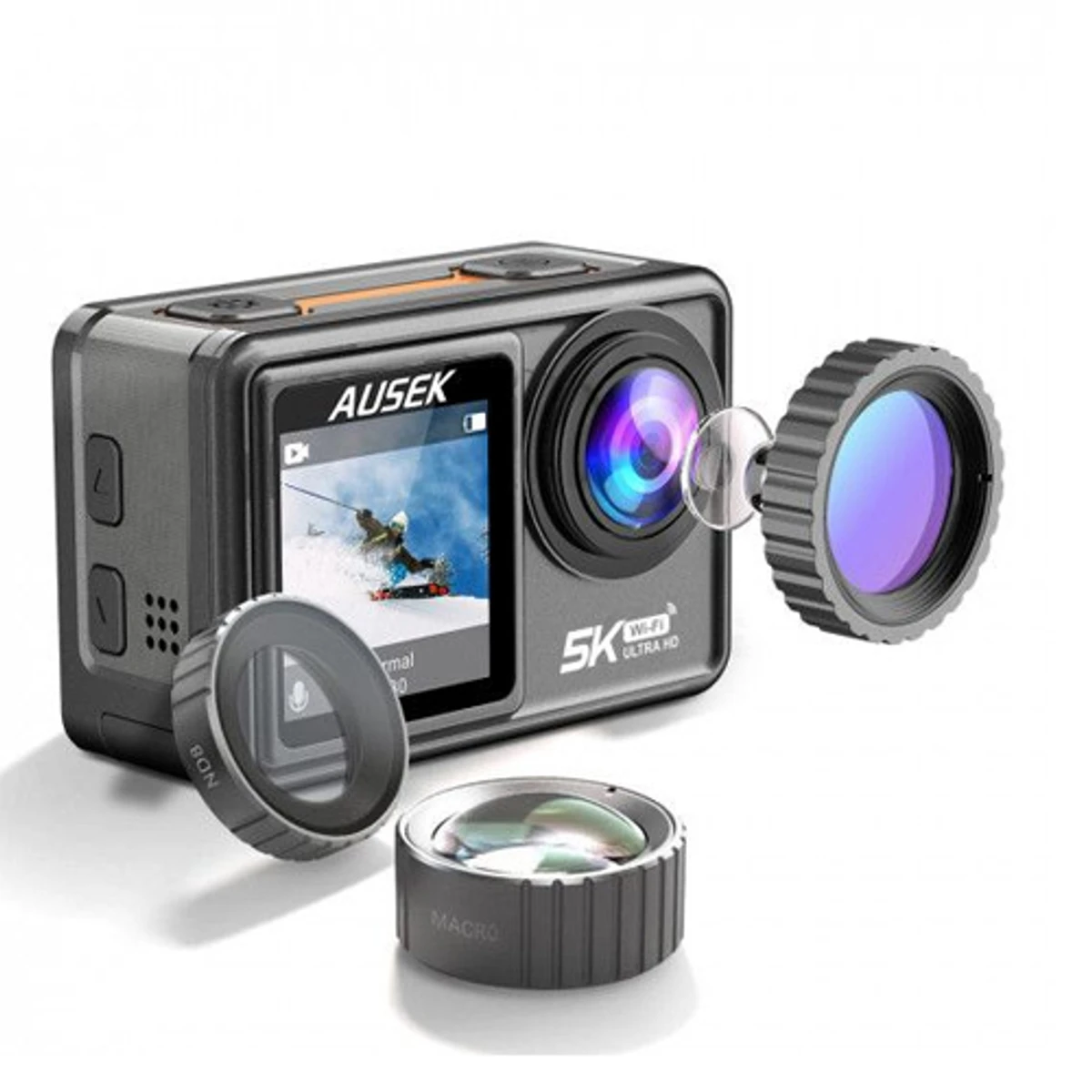 Ausek AT-S81TR Waterproof Dual Display 5K Action Camera With Filter
