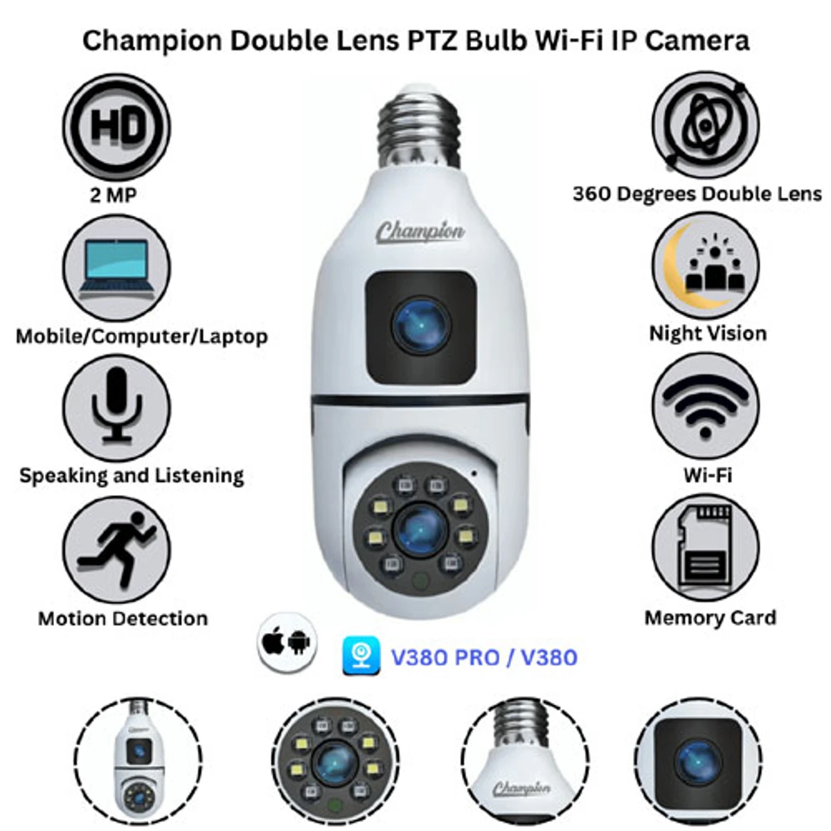 Champion Double Lens PTZ Bulb Wifi IP Camera ( 1 year Replacement  Guarantee )