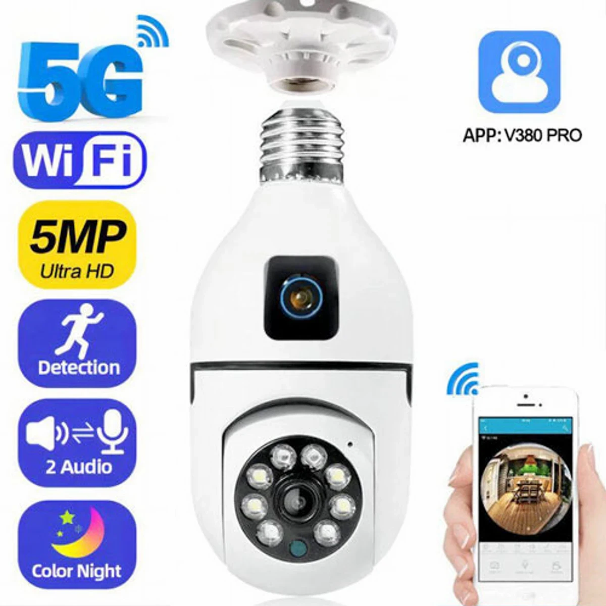 Champion Double Lens PTZ Bulb Wifi IP Camera ( 1 year Replacement  Guarantee )